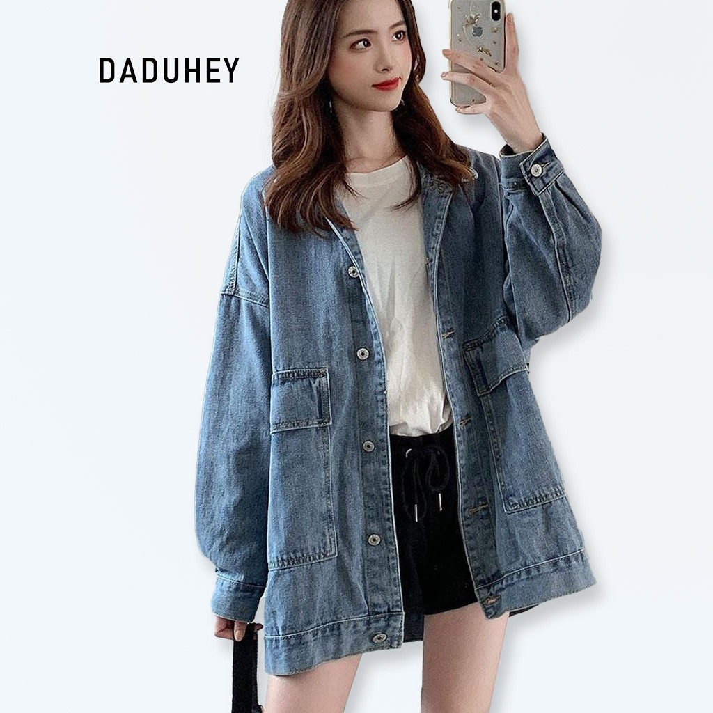 Daduhey baju raya perempuan Women's Korean Style Loose Denim Retro Jacket - Blue