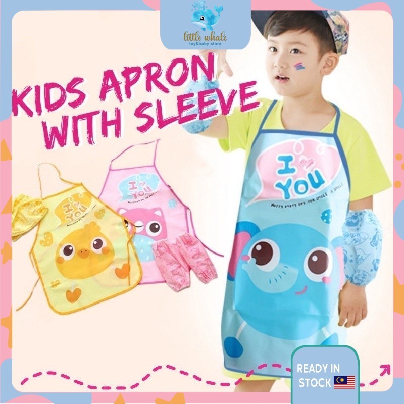 Kids Cartoon Apron With Arm Sleeves Art Painting Elephant Duck Owl Monkey Kids Children Waterproof Kitchen Apron