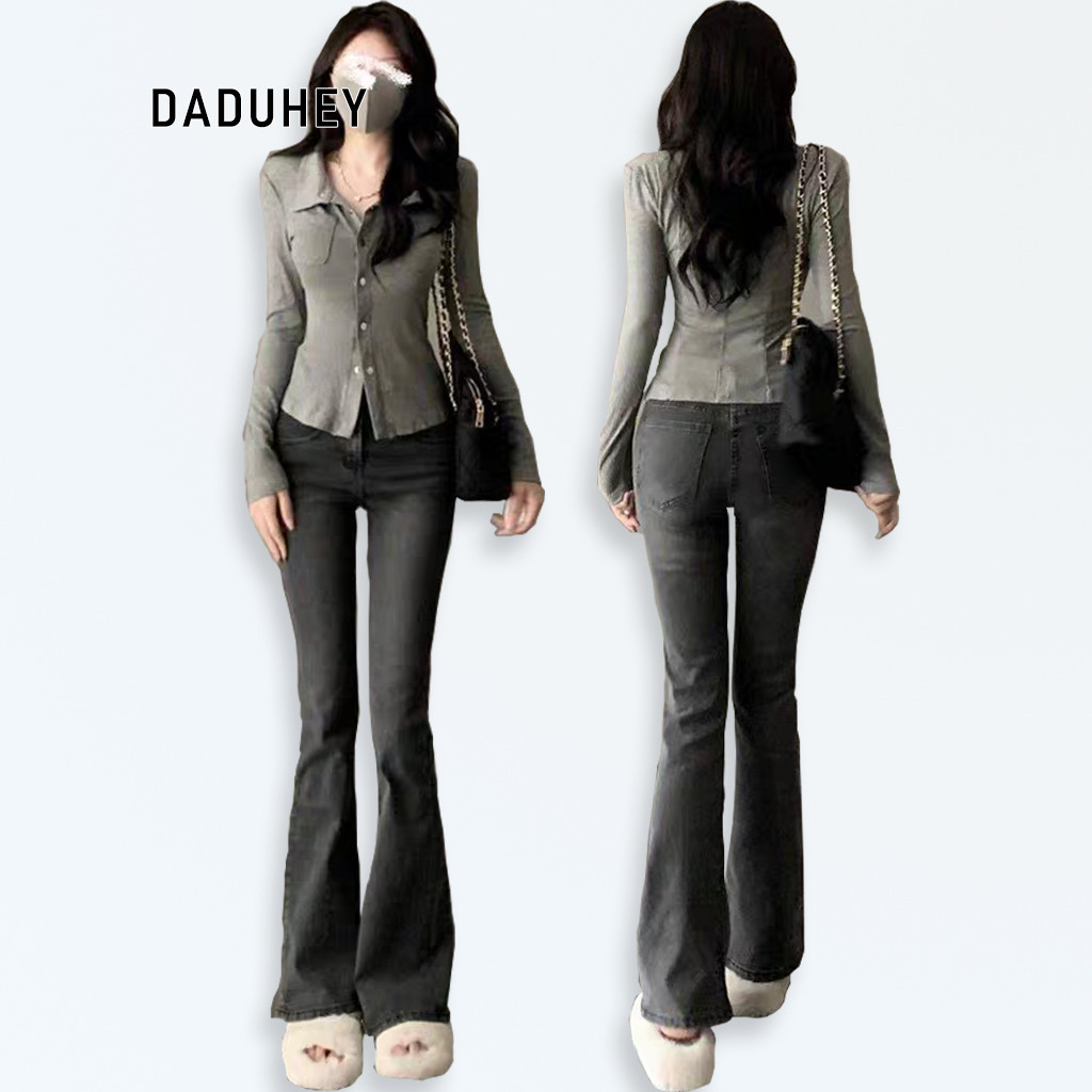 Daduhey baju raya  perempuan Women's Korean Style Fitted Mop Bootcut Jeans - Black Gray