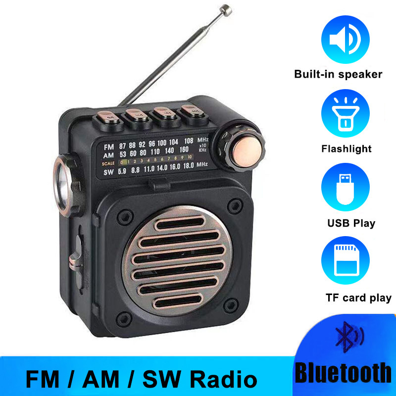 Mini Portable FM AM SW Radio Wireless Bluetooth 5.0 Music Player Rechargeable Radio Receiver Built-in Speaker with LED Flashlight Support USB Flash Drive and Micro SD Card