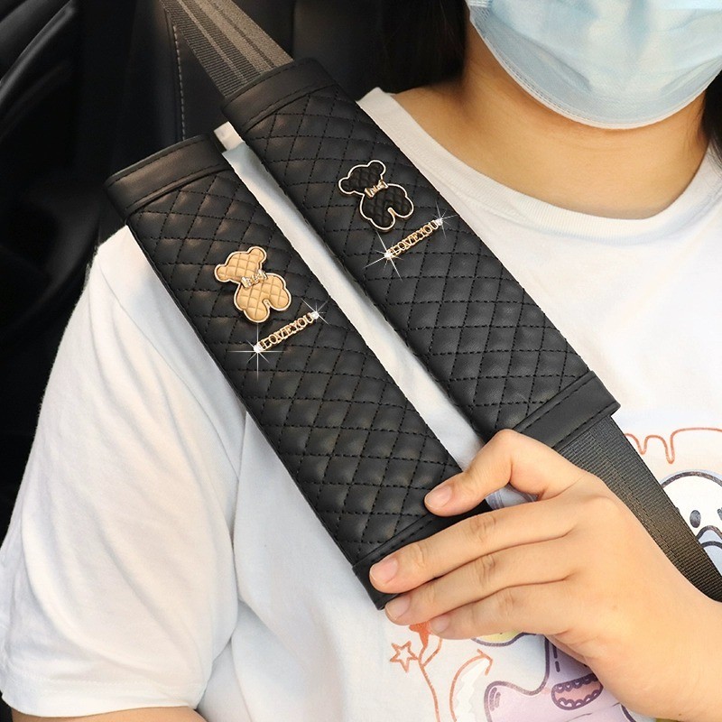 2PCS Car Seat Belt Shoulder Pads Cute Bear Leather Car Insurance Belt Protective Cover Children'S Car Shoulder Pads Decoration
