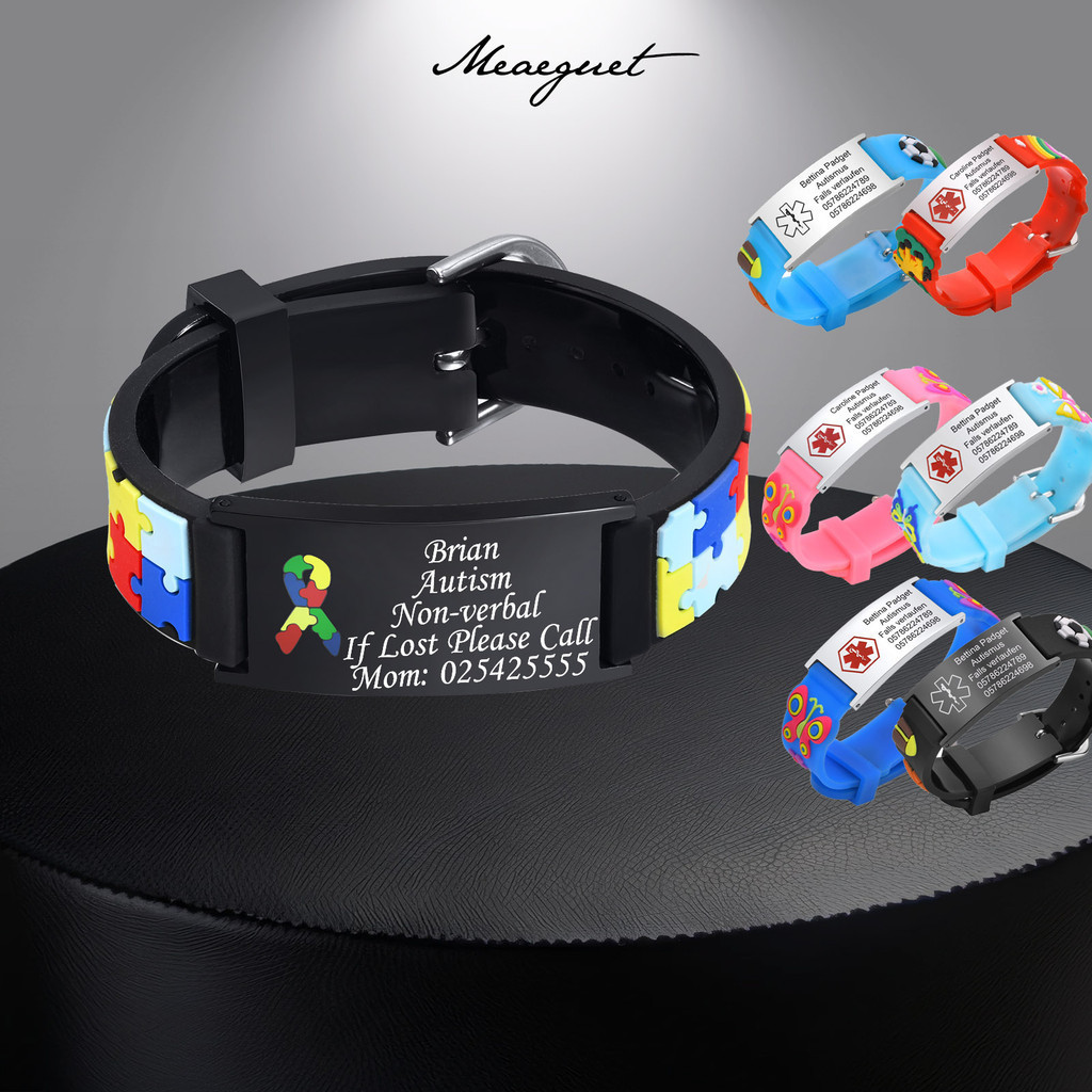 Meaeguet Personalized Name Autism Bracelet for Baby Kids Medical Alert ID Puzzle Bracelet Adjustable Wristband for Men Women Emergency First Aid