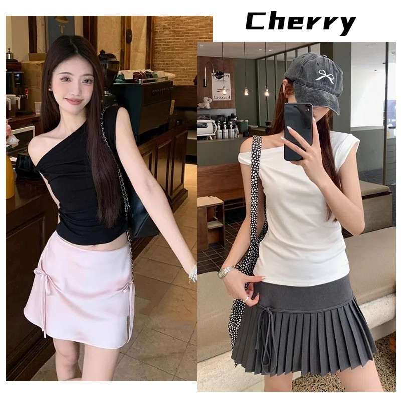Cherryshop ? Ready Stock ? Cropped Tops For Women Stretch Fabric Pleated Design Short Sleeves Off-shoulder New Style Sexy Skinny T-shirt(White/white)