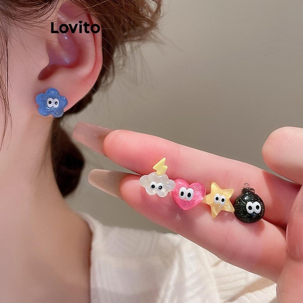 Lovito Cute Floral Star Heart Funny Compact Fashionable Earings for Women LFA14535 Lovito Anting Modis Compact Lucu Hati Binta Bunga Lucu untuk Wanita LFA14535