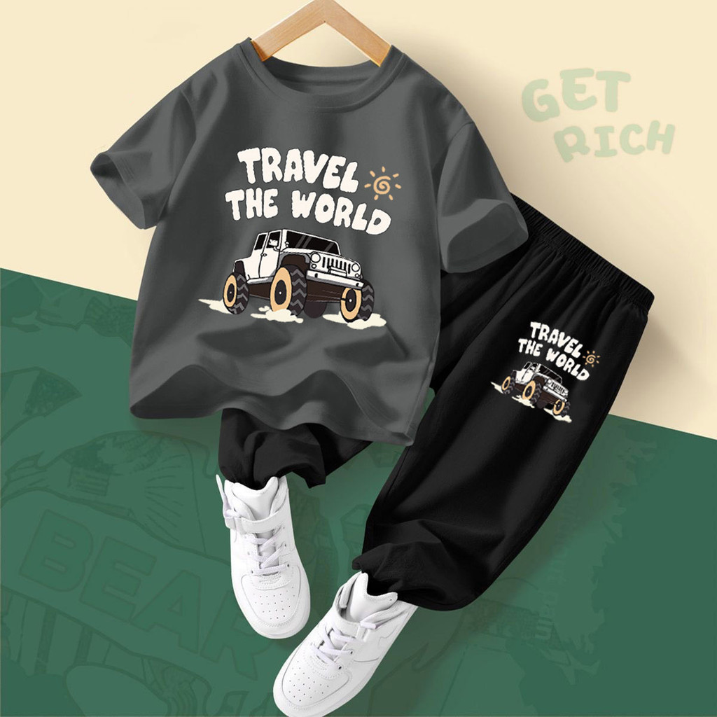 【Ready Stock】2-14Y Boy T-shirt & Pants 100% Cotton Baby Kids Suit Anti-mosquito Tshirt + Long Trousers Soft Ice-silk Short Sleeve Tee Shirt Unisex Children Clothing 2PCS/Set