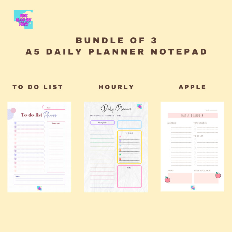 Bundle Deal: 3 Design A5 Daily Planner Notepad - 120sheets 100gsm Paper (To Do List / Hourly / Apple)