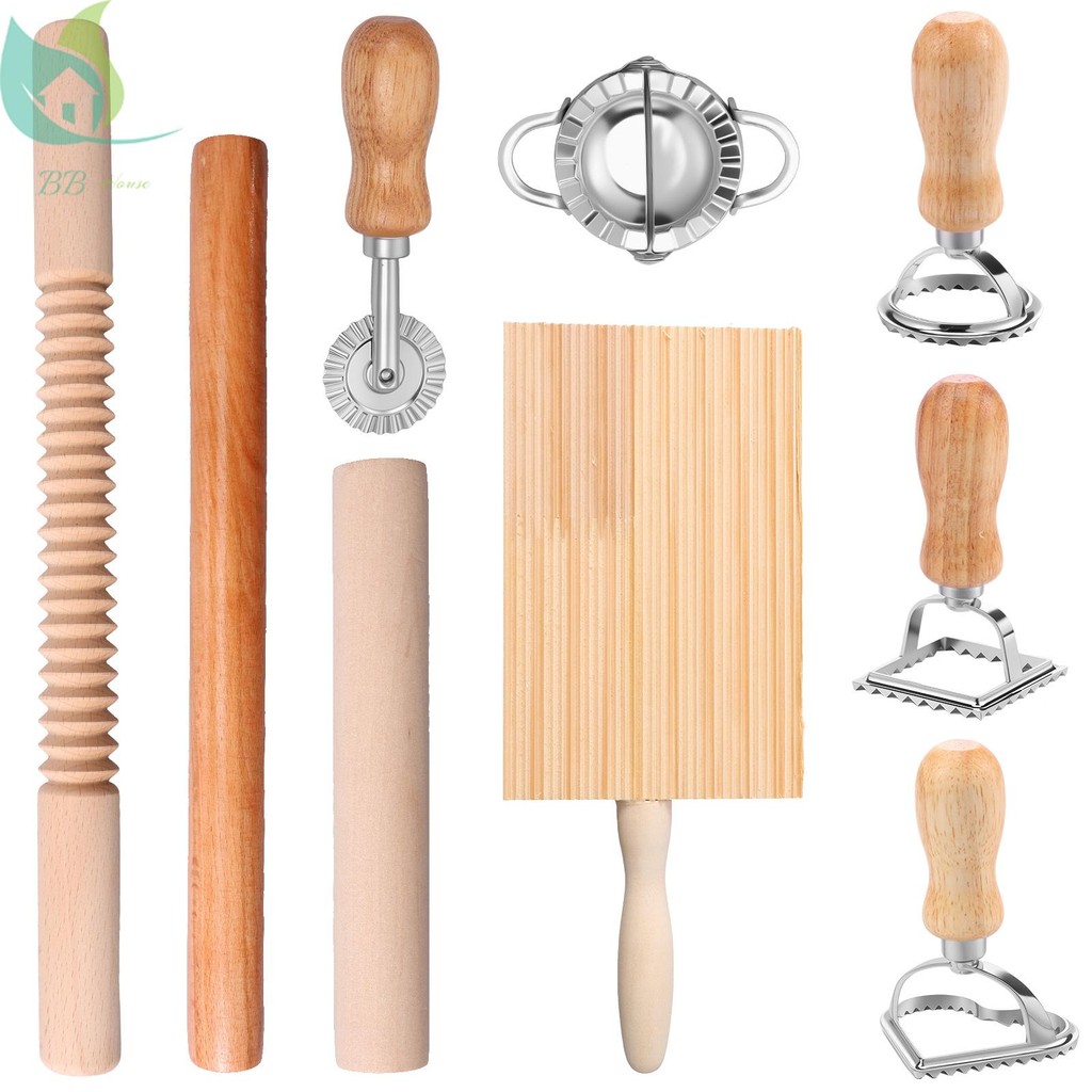 9 Pcs Pasta Making Tools DIY Pasta Making Kit Versatile Pasta Making Tool Set with Gnocchi Board Dough Cutter Dumpling Maker Ravioli Stamp Cutters Rolling Pins SHOPQJC6082