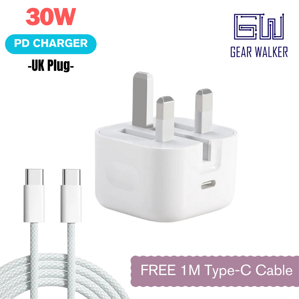 (FOC 1m Type-C Cable) Gear Walker GaN 30W PD Wall Charger USB-C Fast Charging UK 3-Pin Plug Foldable Adapter for iPhone iPad Macbook Laptop Android Smartphones