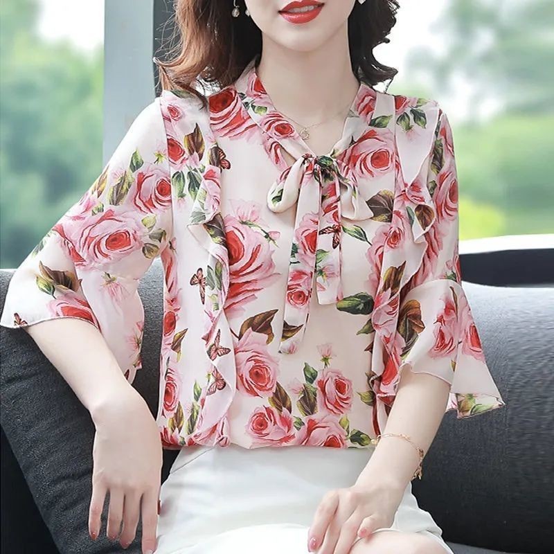 Summer Women Blouses Tops Floral Print Chiffon Blouse Fashion Bow Mid Sleeve Sleeve Female Shirts