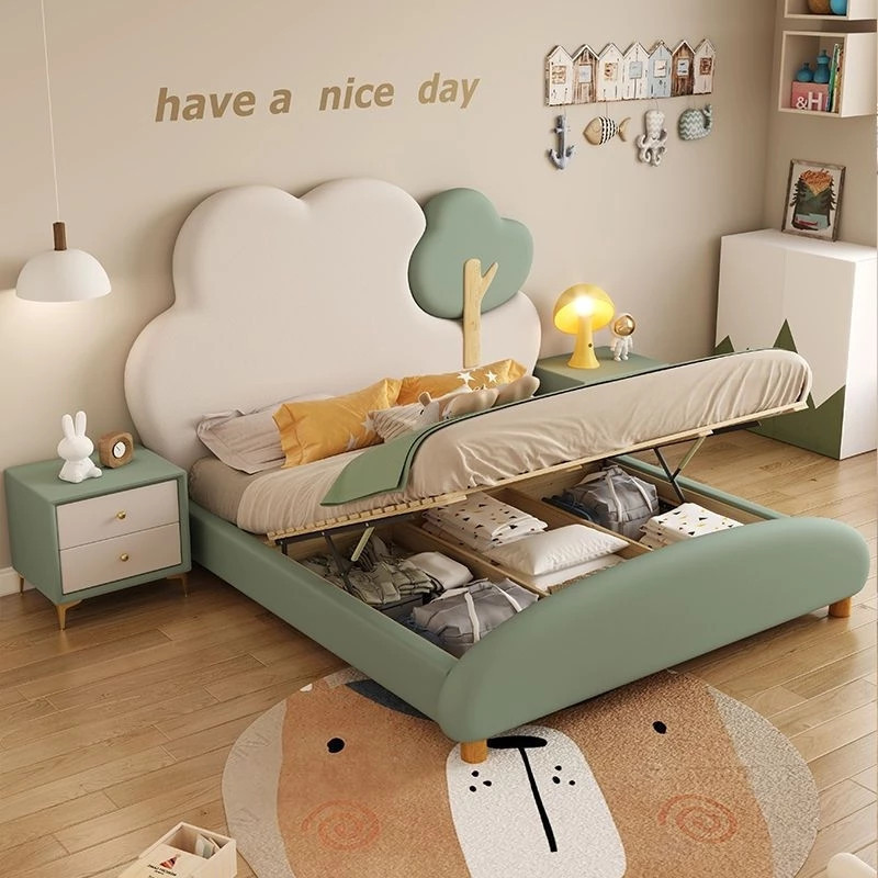 super single bed with storage green mixed white colour.Cream cloud bed cartoon princess bed for children and girls