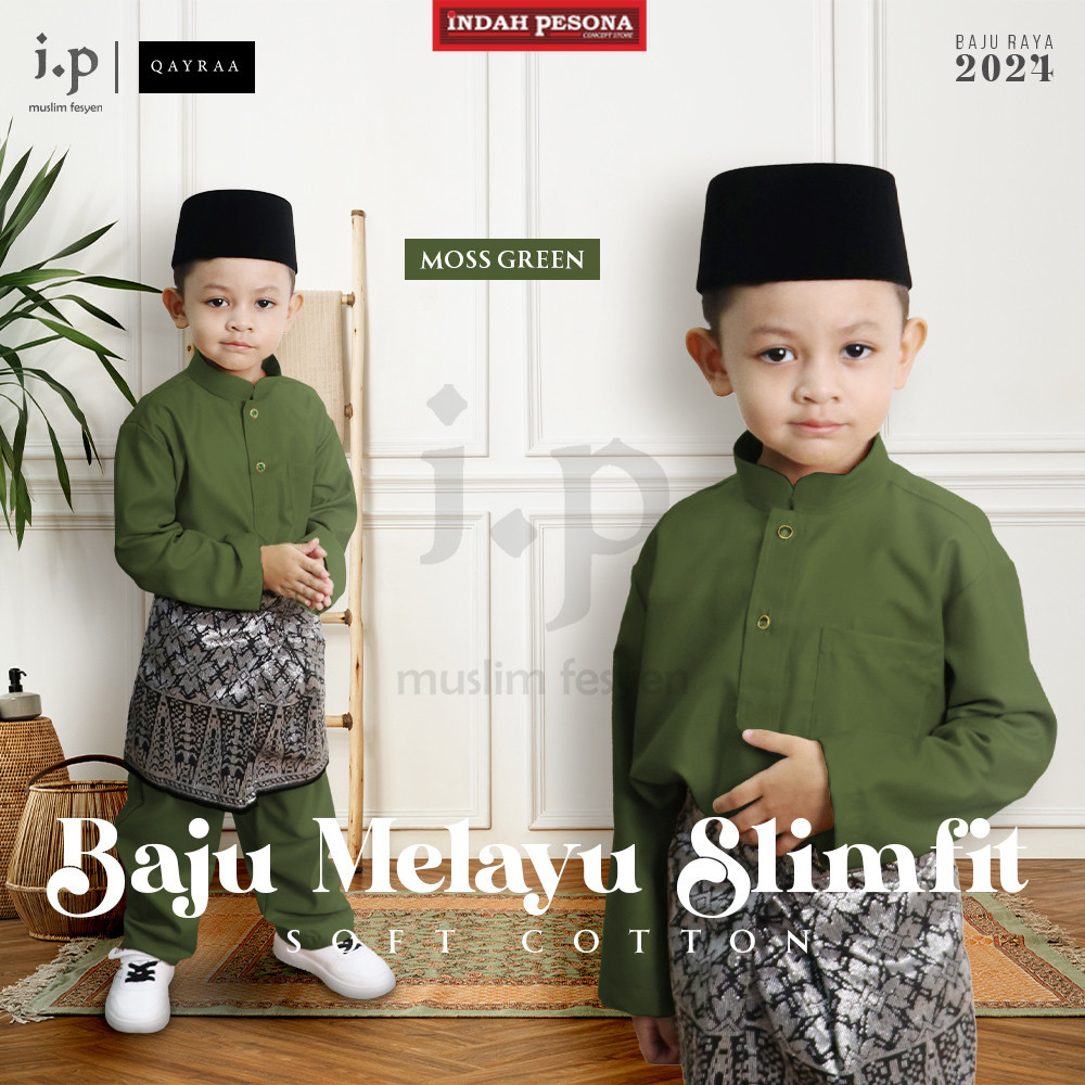 MOSS GREEN Baju Melayu Pasang BUDAK Soft Cotton SlimFit / Size : 0-14 / Baju Raya Baby