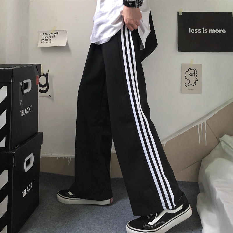 Ovesize S-4XL Fat mm Loose Trousers Pants Women All-Match Striped Sports Trousers Loose Slimmer Look Straight Wide-Leg