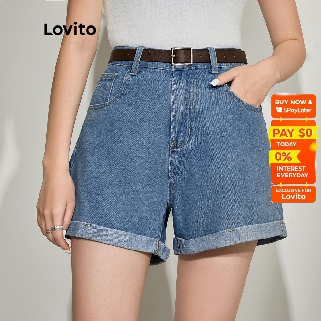 Lovito Casual Plain Pocket Belted Flip-Up Basic Women Denim Shorts L45AD059(Blue) Lovito Kasual Celana Pendek Denim Wanita Dasar Flip-Up Bersabuk Saku Polos L45AD059 (Biru)