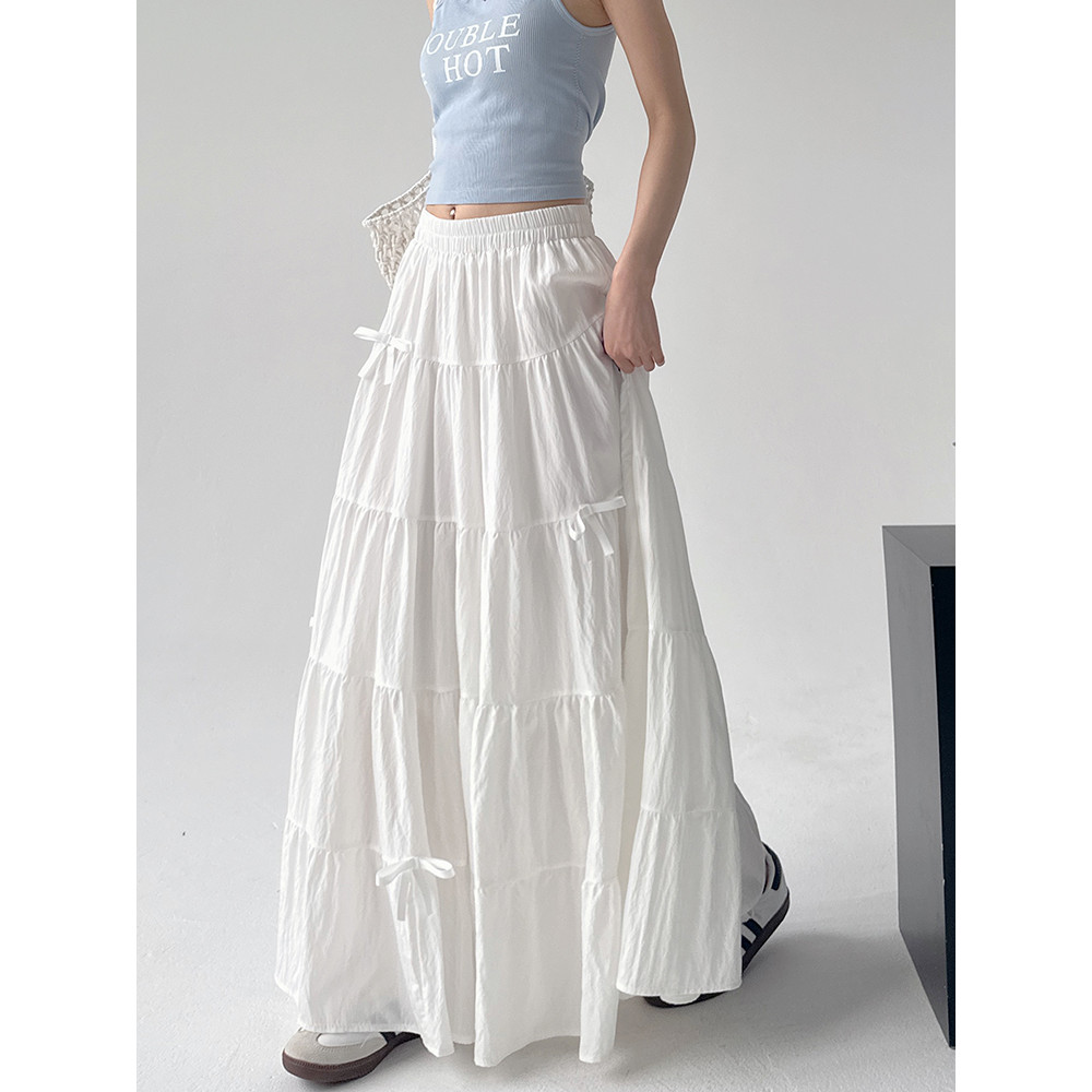 Cherryshop ? Ready Stock ? Fashion High Waist Skirt Includes Lining Three-dimensional Bow Decoration Elastic Waist Easy To Match With Daily Look (White/Black)