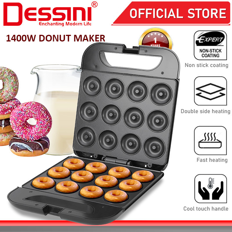 DESSINI ITALY Double Sided Electric Donut Maker Doughnut Cake Waffle Sandwich Toaster BBQ Grill Non-Stick Baking Pan