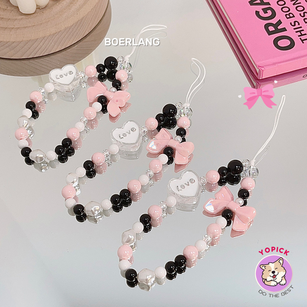 Niche Sweet Cool ins Girl Heart Bow Beaded Bracelet Pendant Suitable for Apple Xiaomi OPPOVIVO All Phone Cases DIY Portable Hand-Carrying Anti-Lost Shock-resistant Portable Lanyard Accessories