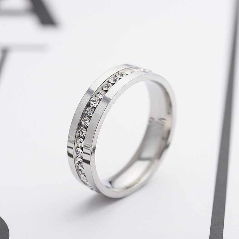 [ready stock]Korean fashion flat single row ring diamond titanium steel ring simple stainless steel couple ring
