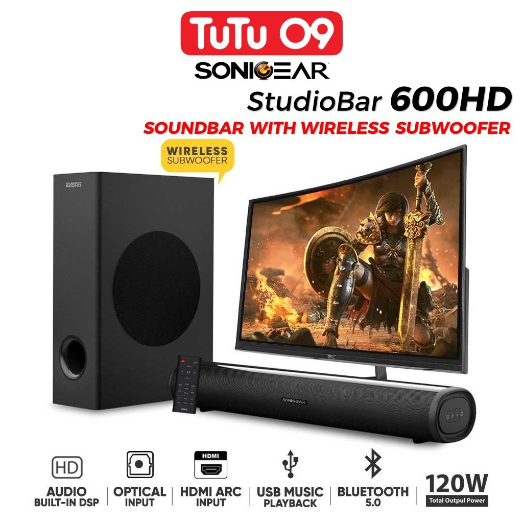 SonicGear StudioBar 600HD Wireless Subwoofer Bluetooth 5.0 Strong Bass TV Sound Bar Speaker ARC AUX 120 Watts