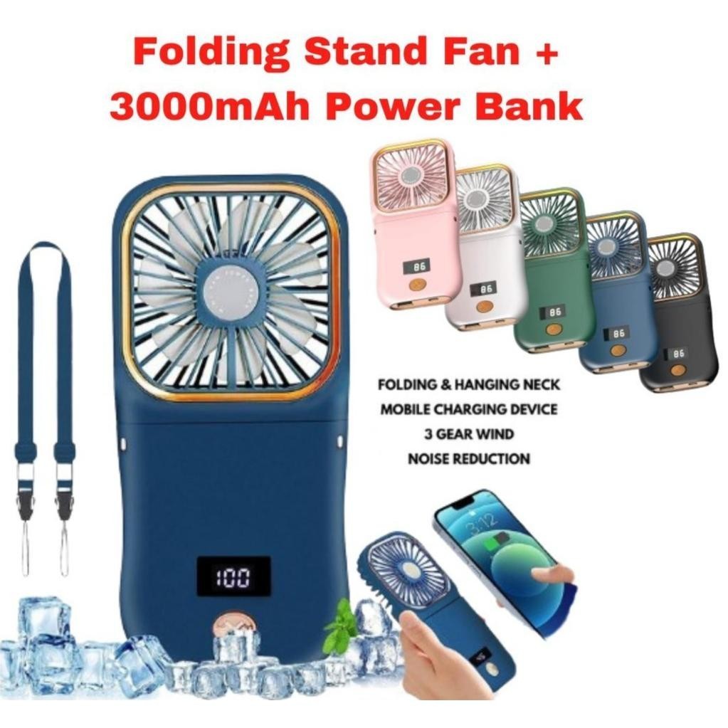 [Mini Power Bank] Kipas Portable 3000mAh Power Bank USB Folding Mini Fan Digital Display Hanging Neck Fan Kipas Mini