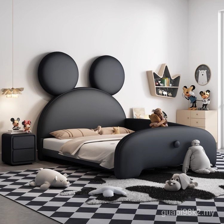Children Children's Bed Children Cartoon Bed Bed Bedroom Childlike Light Luxury Small Apartment Single Bed with Guardrail Mickey Mouse Technology Leather