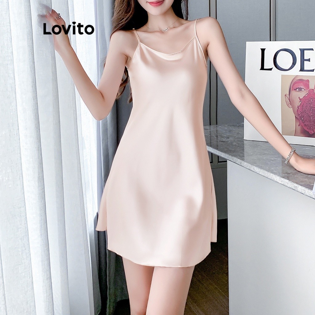 Lovito Casual Plain Lettuce Trim A-Line Mini Round Neck Sleeveless Sleep Dresses for Women LNA12001 (Champagne) Lovito G