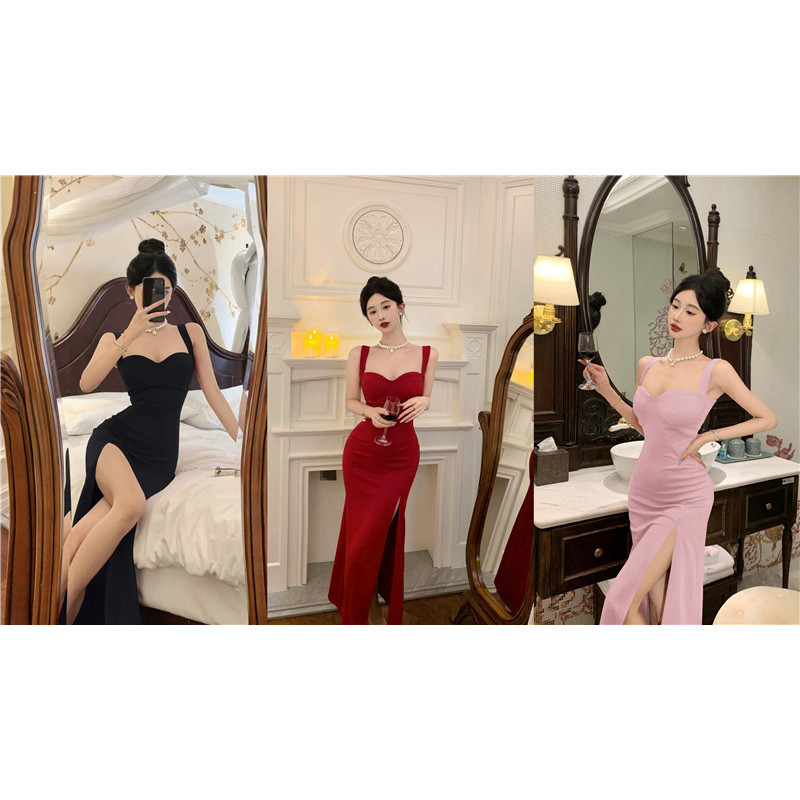 S-l Pink Wine Spades Heart Collar Long Style Royal Sister Fan Celebrity Sling Dress Sexy Split Fishtail Skirt Spring Wine Tail Teeth Wedding Dress Korean Girl Must-have