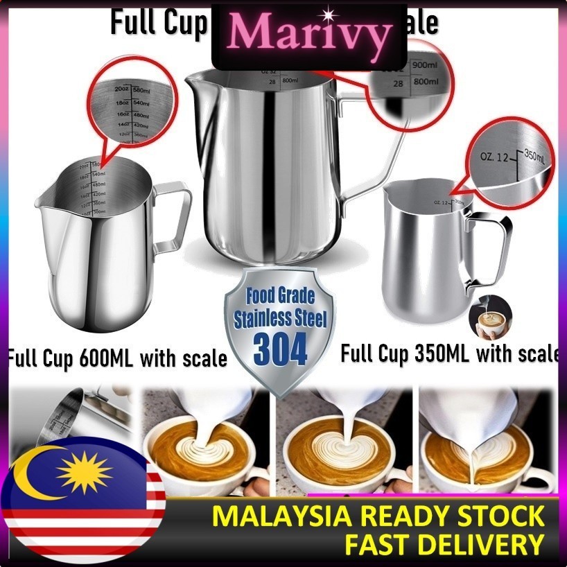 🔥 Full Cup 1000ML / 600ML/ 350ml Thicken 304 Food Grade Stainless Steel Coffee Latte Milk Frother Frothing Cup Pitcher 🔥