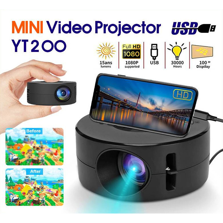 Portable YT200 Projector Mini Phone iPad Usb Projector 4k Full HD 1080P projector small Classroom Home Theater 投影機 投影仪