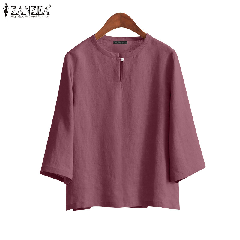 ZANZEA Women Korean Solid Color O-Neck Three Quarter Sleeve Button Cotton Blouses