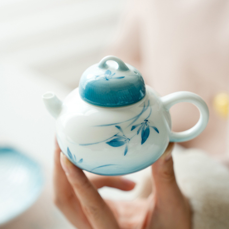 Gradient Blue Teapot Teapot Ceramic Teapot Small Teapot Flower Teapot Ceramic Teapot Respect Teapot Hand-Painted Phalaenopsis Teapot Teapot Ceramic Dry Teapot Teapot Household Light Luxury Small Teapot La