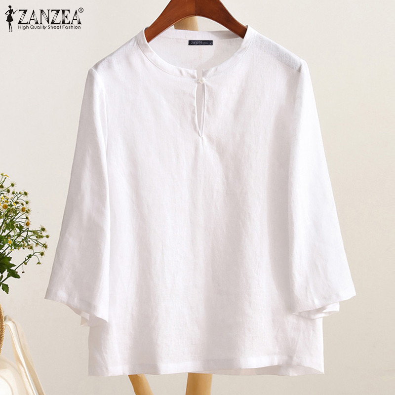 ZANZEA Women Korean Daily Casual Round Neck Three-Quarter Sleeve Blouse
