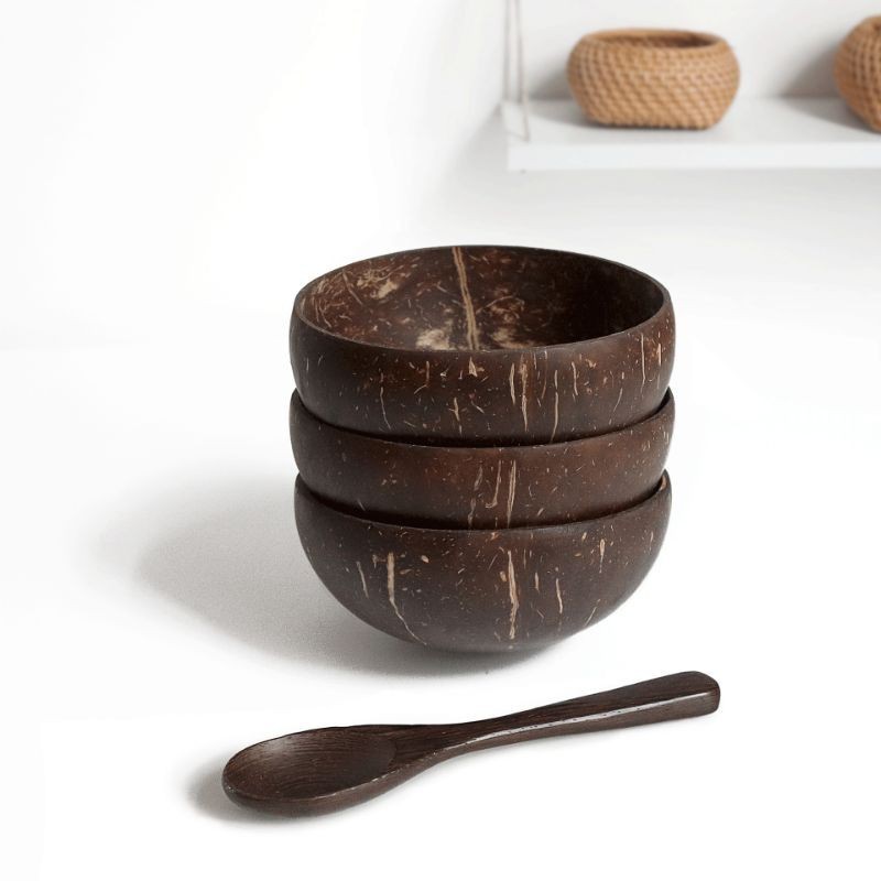 M4007a Natural Vietnamese Coconut Shell Bowl Mangkuk Kelapa Vietnam Asli 天然越南椰壳碗椰子木勺搅拌勺调羹海南老椰子壳叉刀水果沙拉碗