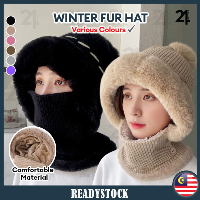 Knitted Face Cover Neck Caps Multipurpose Fuzzy Plush Ears Protection Winter Hat Warmer Plush Beanie Casual Cap 围脖织帽子