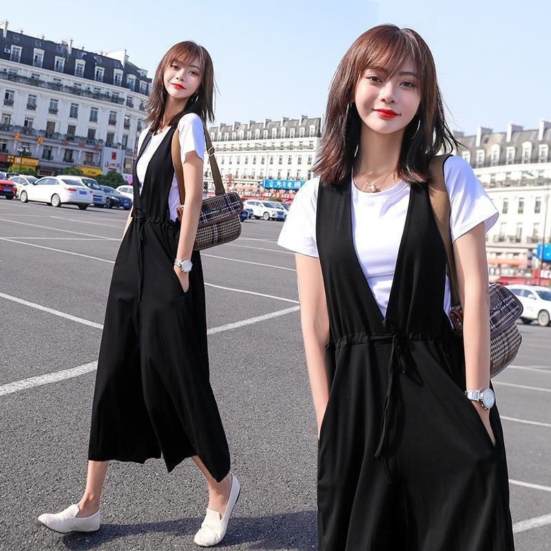 Women Loose Romper Jumpsuits Set High Waist Pockets Solid Wide Leg Jumpsuit + Cotton T Shirt Korean Style Playsuit Bib Overalls 2pcs Set Wear