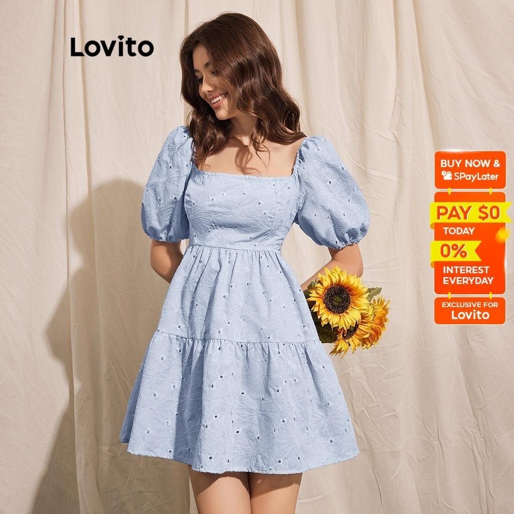 Lovito Romantic Plain Puff Sleeve Eyelet Embroidery Dress L36LD070 (Light Blue) Polos Puff Lengan Lubang Bordir Gaun L36LD070 (Biru Muda)