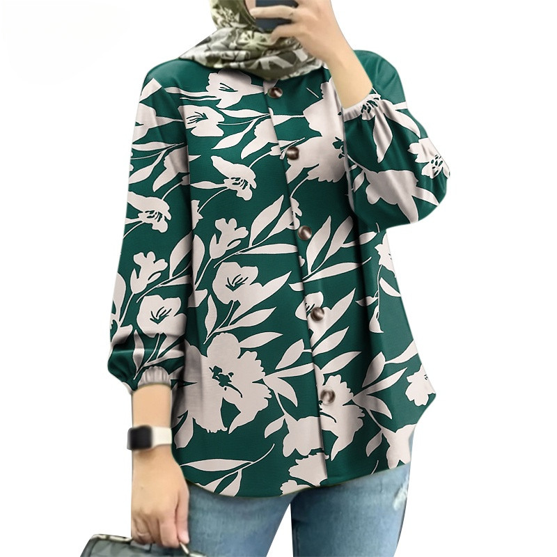 ZANZEA Women Muslim O-Neck Puff Sleeves Long Sleeves Floral Printing Blouse