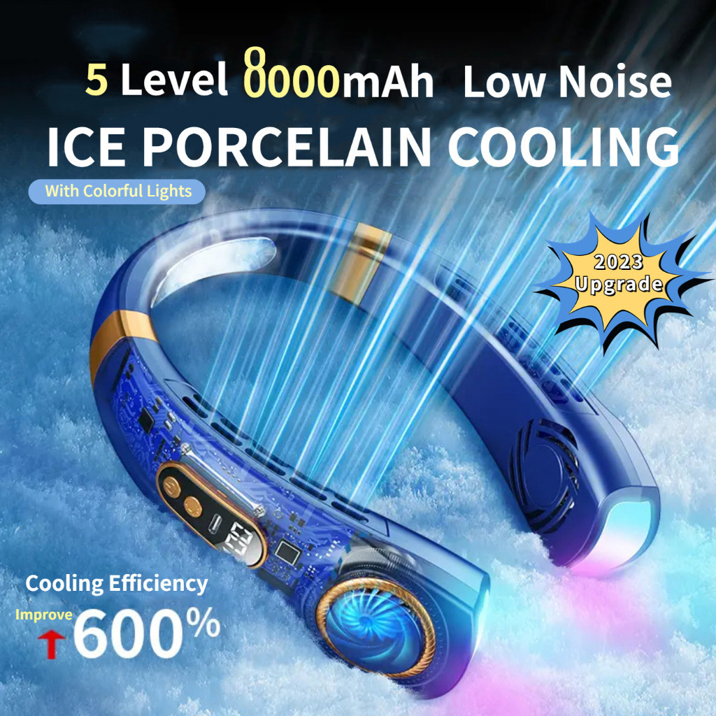 8000mAh Portable Hanging Neck Fan Hands Usb Rechargeable 360° Neck Cooling Fan Surround Digital Display lazy fan 挂脖风扇