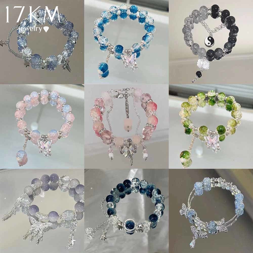 17KM Lucky Crystal Beads Bracelet for Women Butterfly Moon Star Silver Bracelets Accessories Jewelry