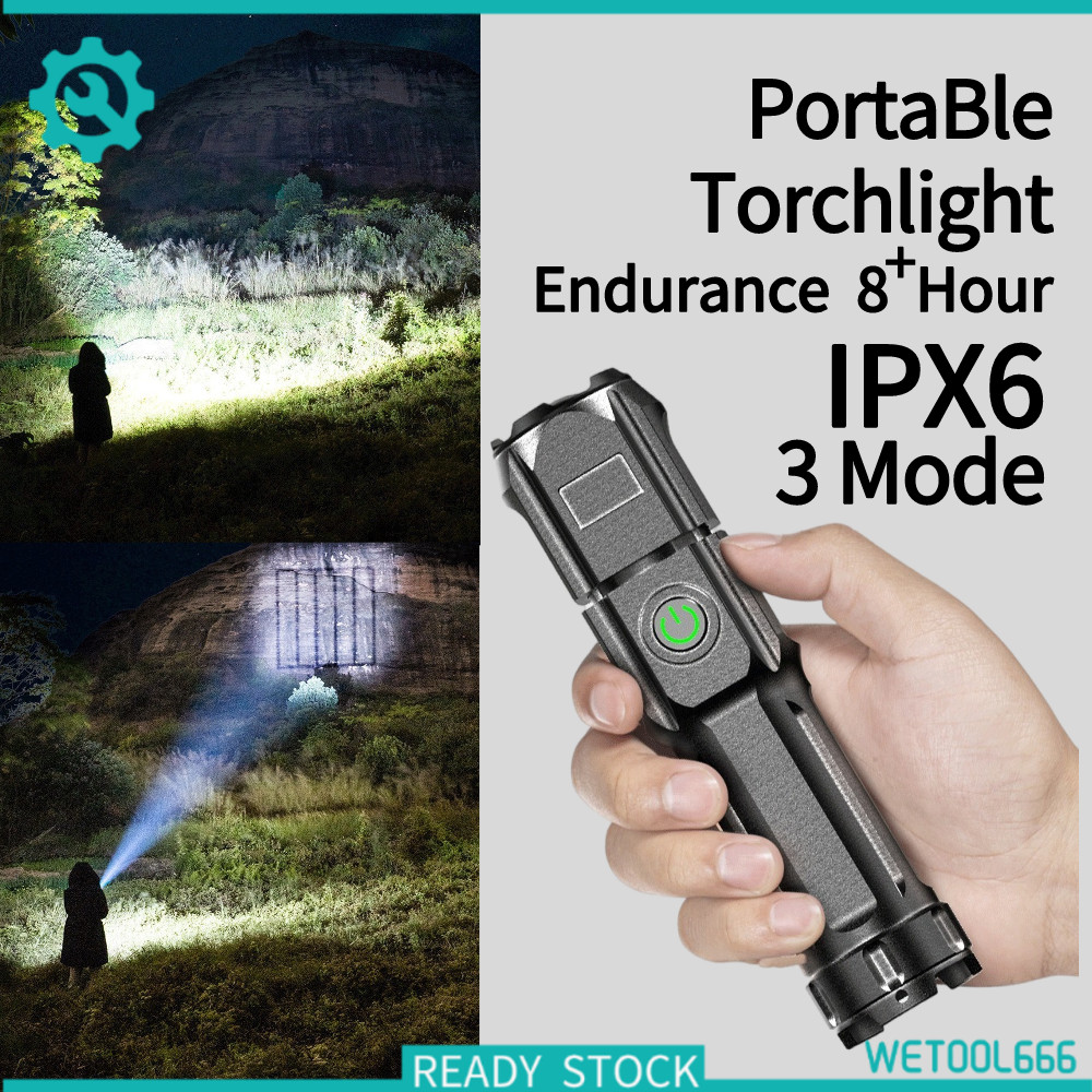 Lampu Suluh 3 Modes Torch Light Super Bright Outdoor Lighting Waterproof LED Flashlight USB Charge 手电筒