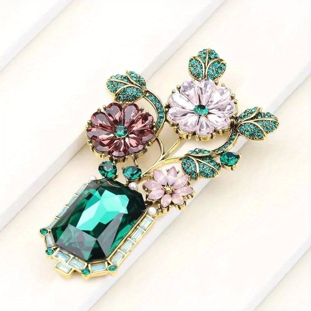 French Vintage High-end Green Crystal Vase Brooch Lady Personality Luxury Corsage Pin Women's Boutique Clothing Accessories