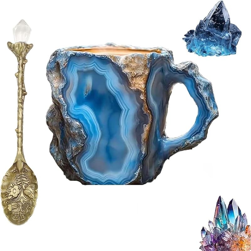 Mineral Crystal Coffee Mugs, Crystal Mugs for Coffee, Natural Mineral Crystal Coffee Mug, 2025 Multi-Colored Crystal Mineral Coffee Mugs, Mineral Crystal Coffee Mugs With Spoon (Bl