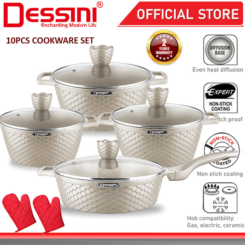 DESSINI ITALY GGF-10-S 10 Pcs Casserole Die Cast Aluminium Non Stick Pot Bowl Deep Fry Pan Cookware Tool PERIUK