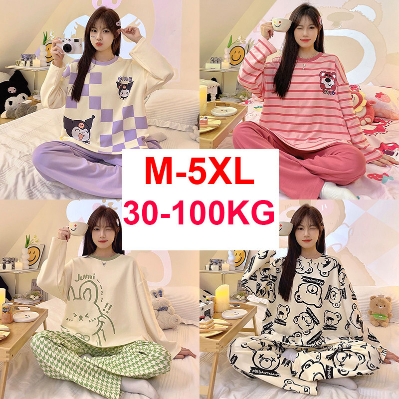 READY STOCK pyjamas women baju tidur wanita pajamas women's long-sleeved Plus Size thin cartoon cute strawberry bear baju tidur perempuan dewasa
