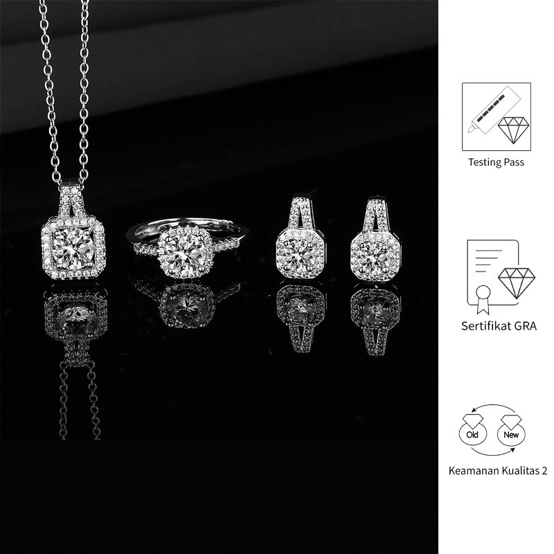 Fulin 925 Silver Fashion Moissanite Three Piece Ring Set Stud Earrings Pendant Necklace Women's Jewelry