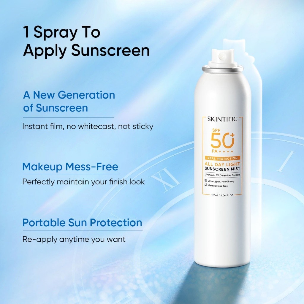 SKINTIFIC All Day Light Sunscreen Mist SPF50+ PA++++ Ultra-Light Travel Friendly Face Physical Sunscreen Spray Centella
