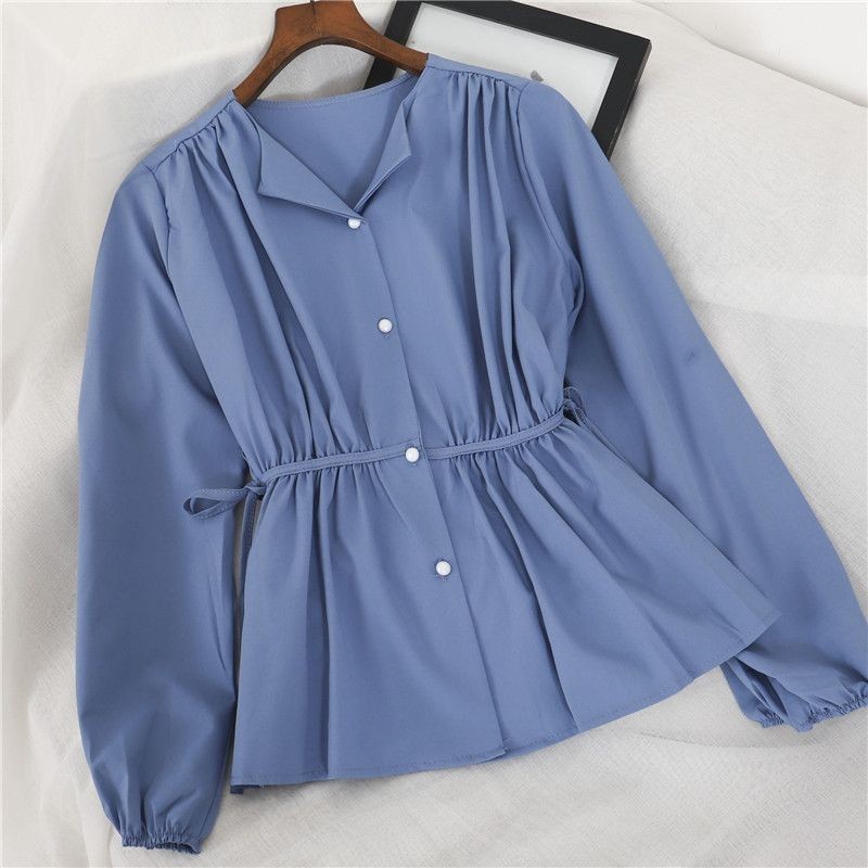 Niche V-Neck Retro Narrow-Waist Lace-Up Women's Shirt