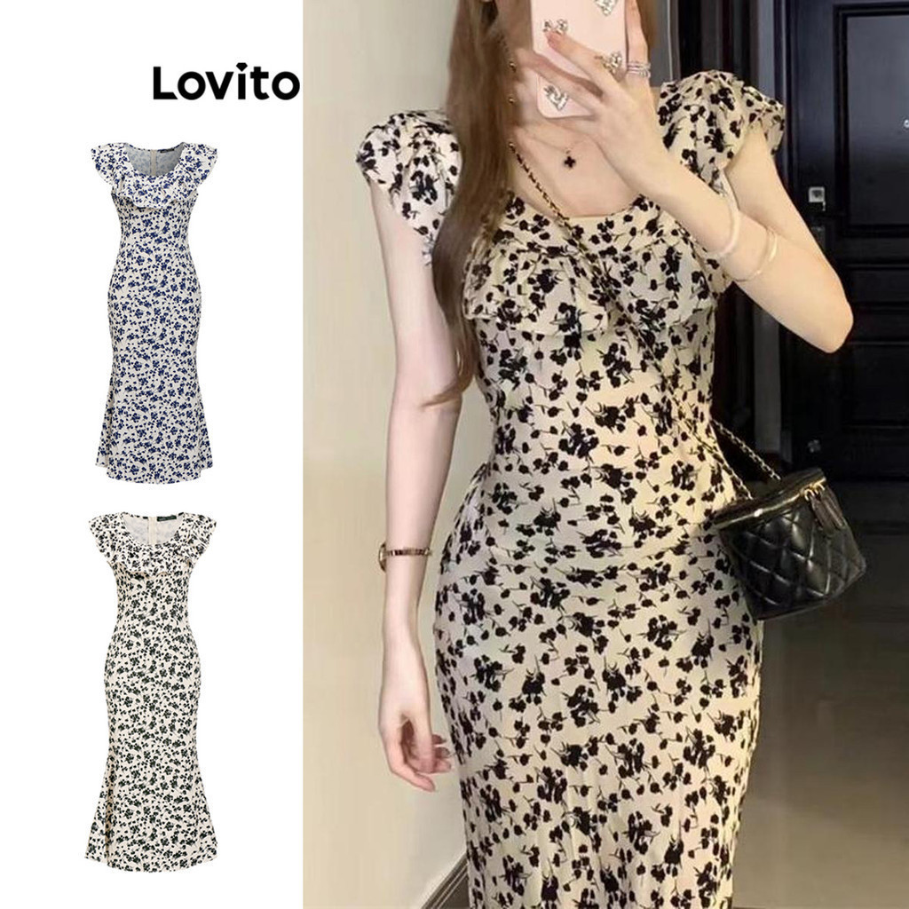 Lovito Elegant Ditsy Floral Ruffle Dress for Women LNE43345 Gaun Kerut Bunga Ditsy Elegan (Multi-color) Lovito untuk Wanita LNE43345