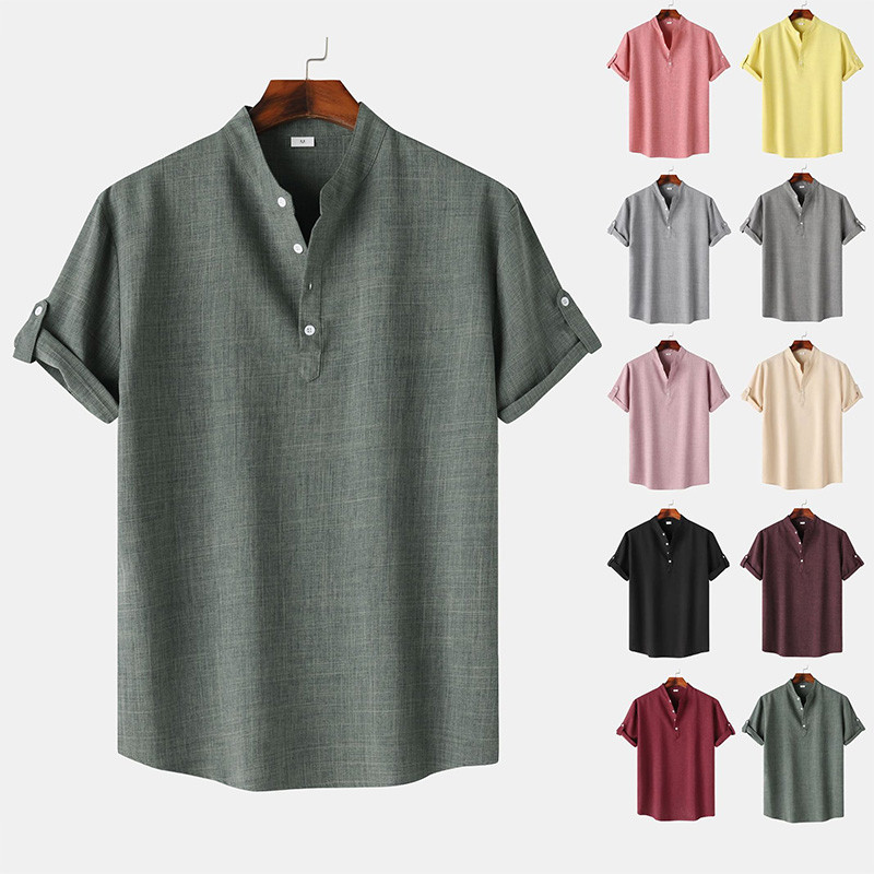 Men's Quality Dark Green Simple Causal Loose Solid Color Pullover Shirt Plus Size Chinese Collar Short Sleeve T-shirt Red Pink Coffee Yellow Grey