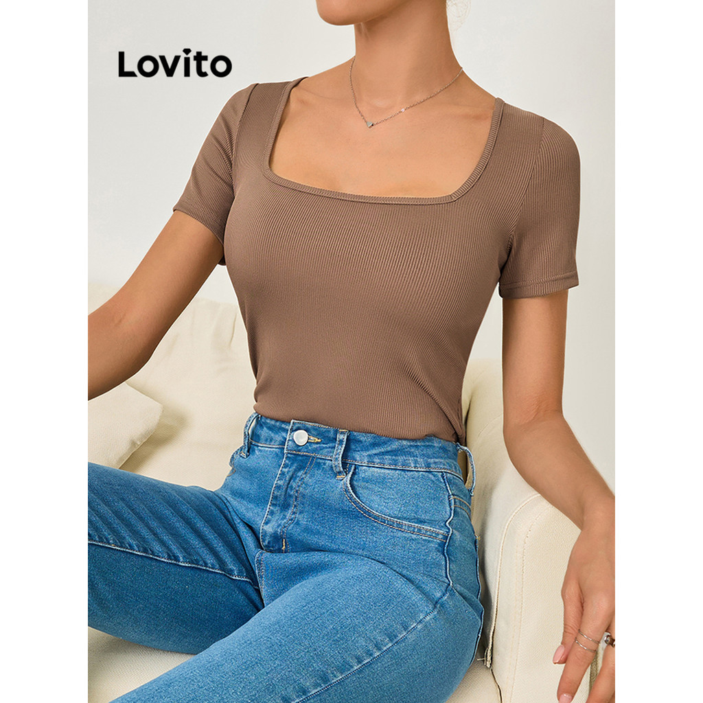 Lovito Casual Plain Basic Square Neck T-Shirt for Women LBL09197 Lovito Kaos Leher Persegi Basic Polos Kasual untuk Wanita LBL09197