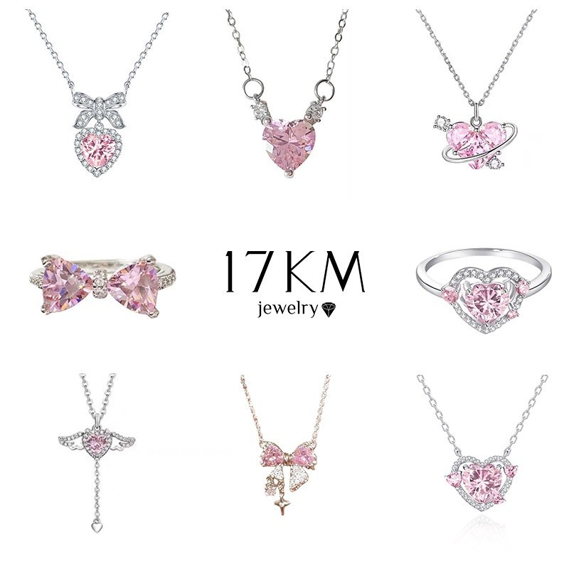 17KM Pink Zircon Heart Silver Necklace Ring for Women Y2K Bow Crystal Pearl Choker Accessories Jewelry